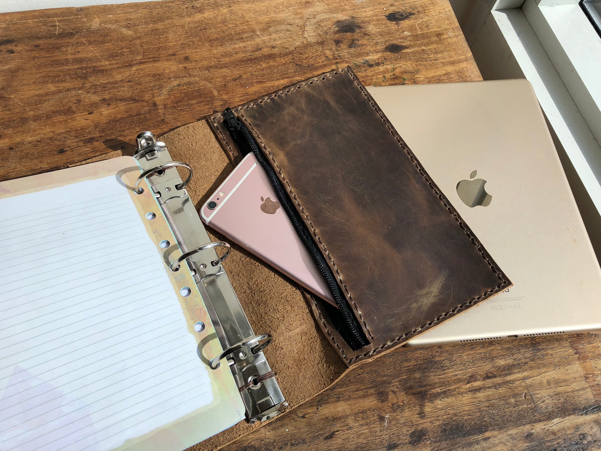 A5 planner, 3 ring binder, Leather a5 notebook, iPad mini pocket