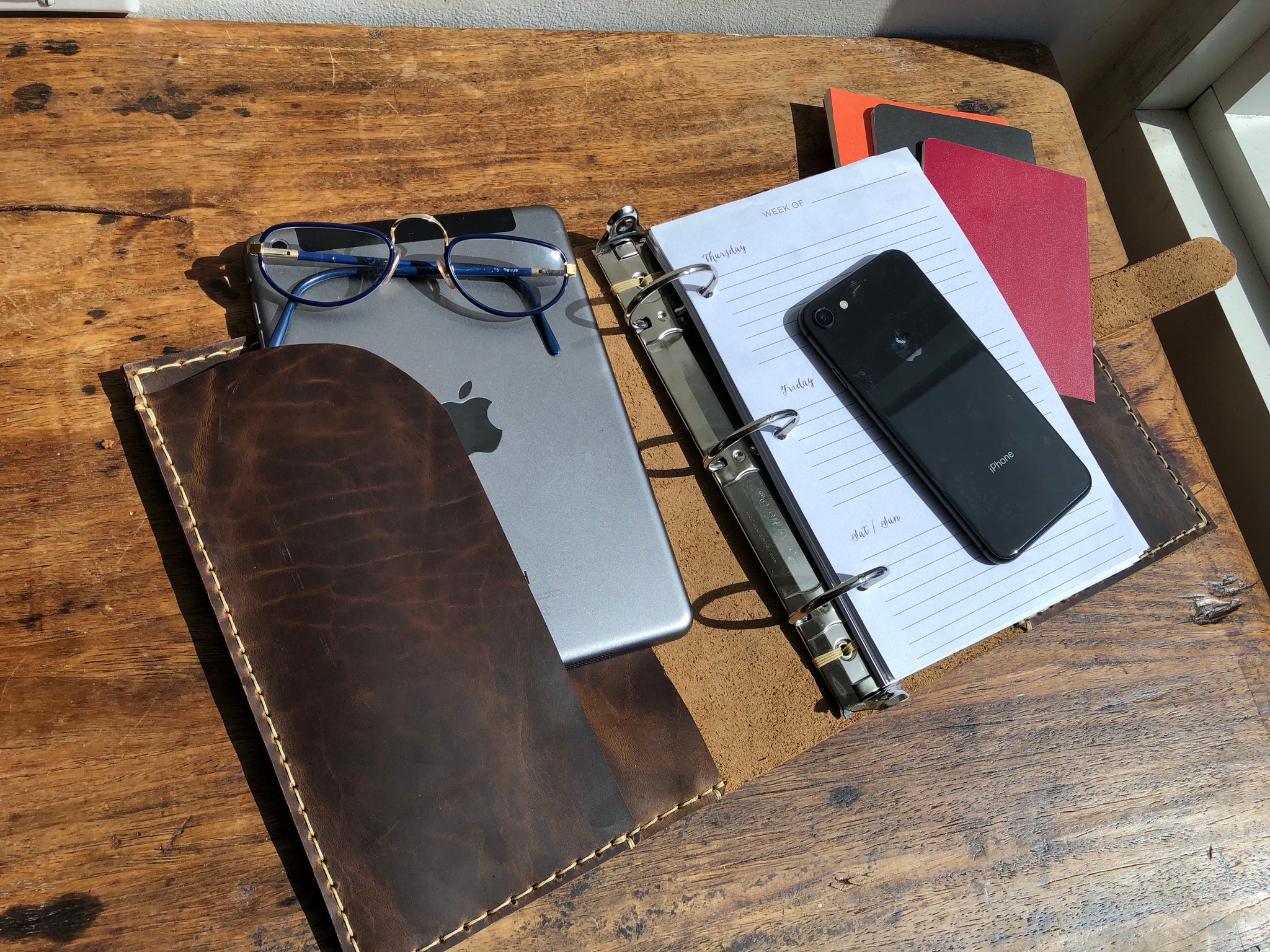 Small Ringed Notebook Mini ring binder, Small 3 ring notebook, 3 pocket leather binder, Cust ...