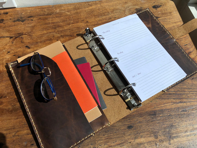 Mini ring binder, Small 3 ring notebook, 3 pocket leather binder, Customizable binders made by hand